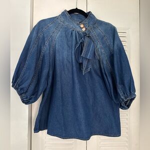 Denim Balloon-Sleeve Tie-Neck Top - Blue